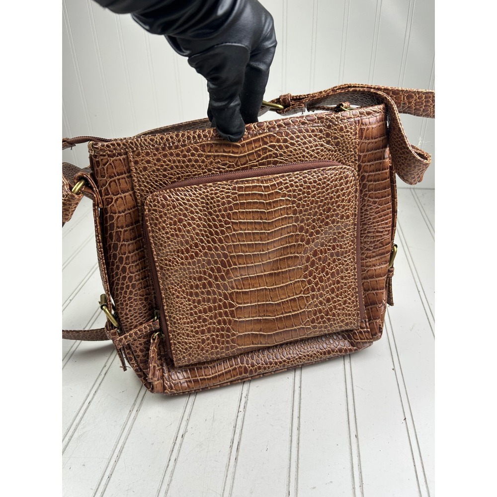 Coldwater Creek Vintage Sophie Brown Croc Embossed Leather Boho Crossbody Bag - Picture 12 of 14